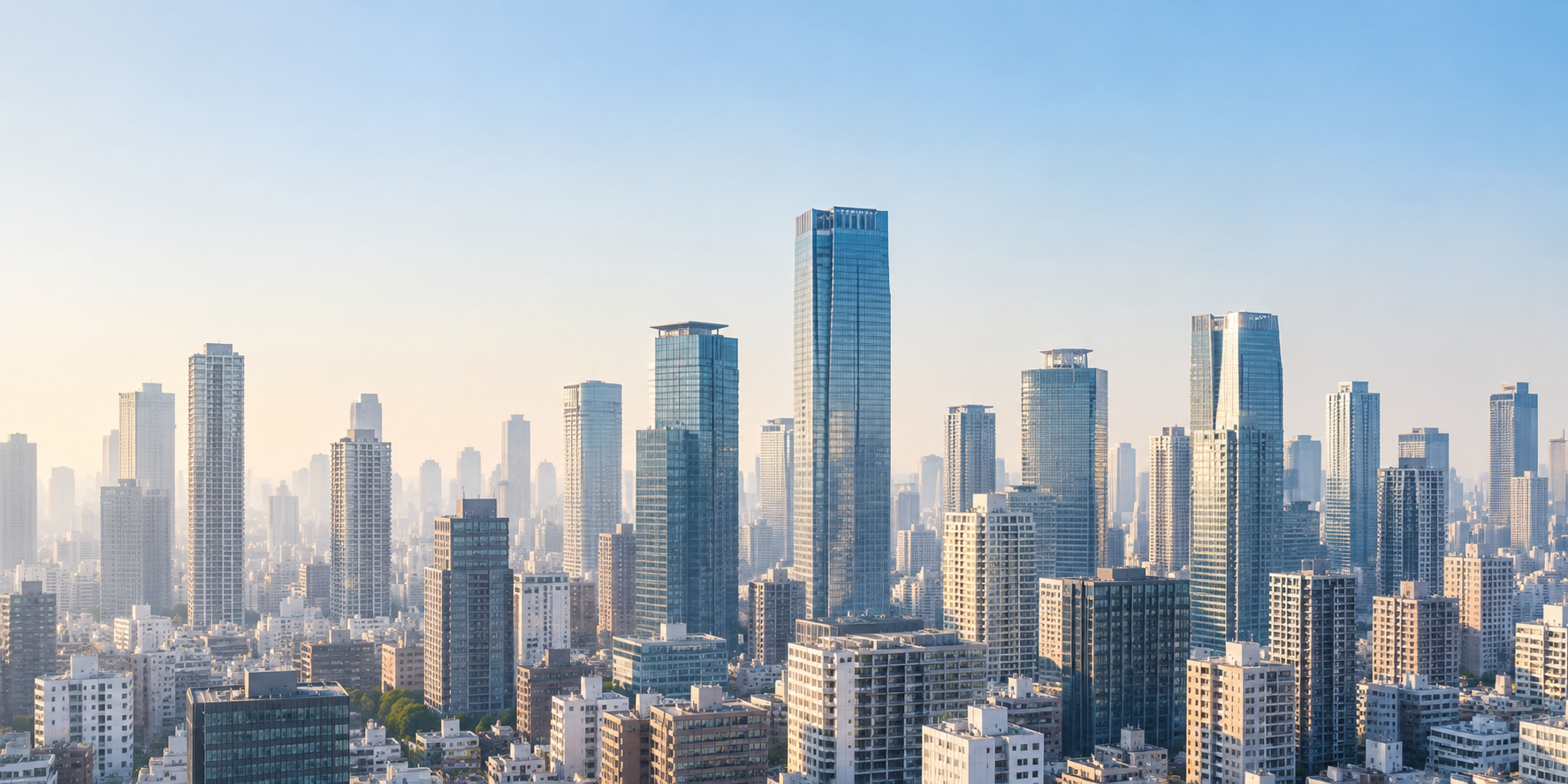 明るい空の下に広がる都市の高層ビル